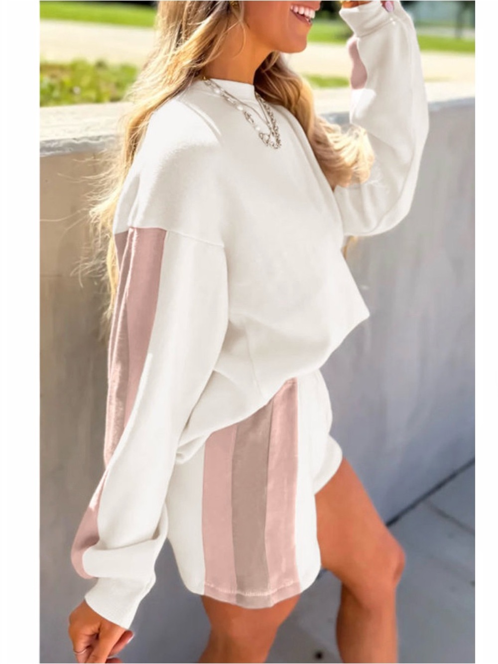 White Color Block Patchwork Drop Shoulder Pullover 2 piece Outfit - Picture 1 of 10